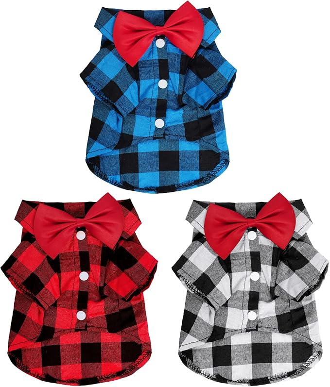 Tongcloud 3 Pack Plaid Puppy Cat Shirt - Cute Dog & Cat Shirts for Extra Small Dogs & Cats - Birthday Party & Holiday Photos (Red, Blue & White, XXX-Large)