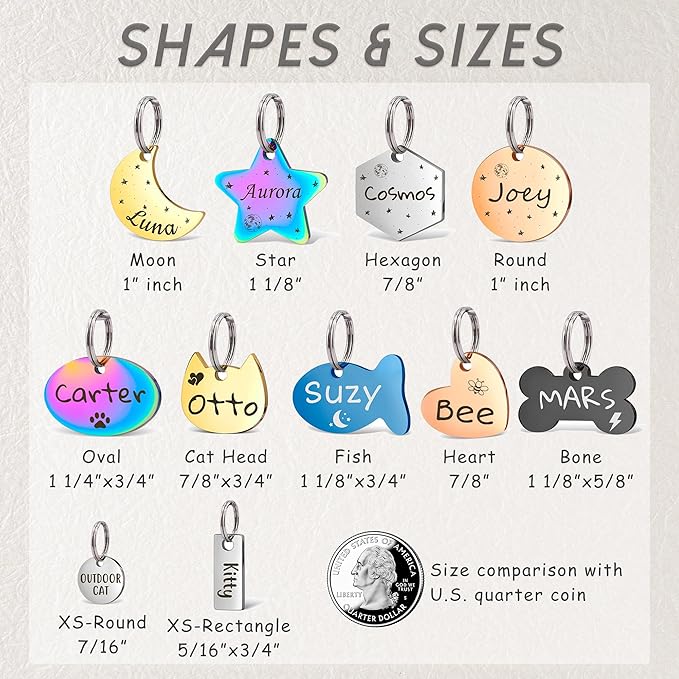 Anavia Small Size Dog Cat ID Tags, Small/XS Personalized Color Plated Stainless Steel Puppy Kitten Name Tags, Customized Engraved Nameplate Pet Collar Tag (Rainbow, Moon)