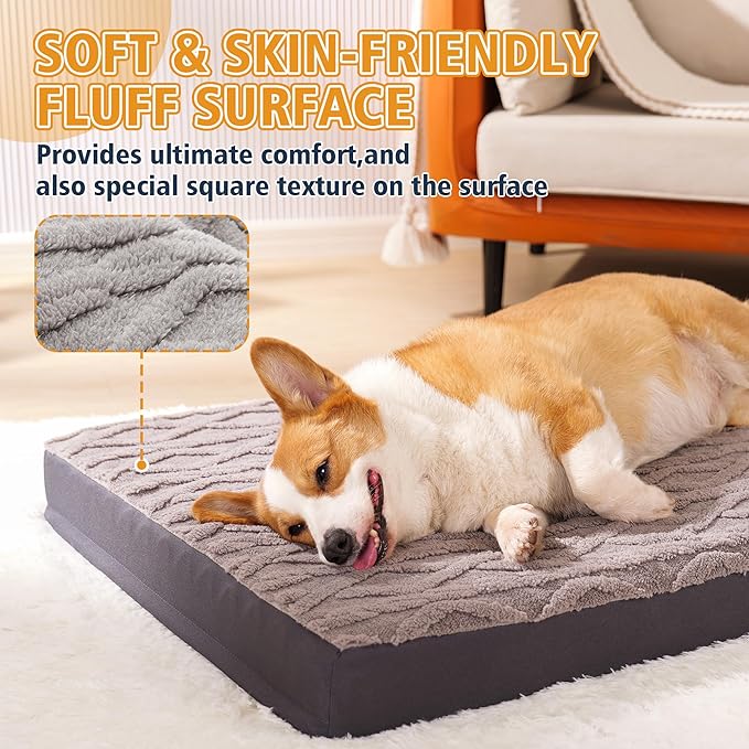 Orthopedic Dog Crate Bed – Waterproof Plush Pet Mattress with Removable Washable Cover, Non-Slip Bottom, Big Memory Foam Dog Bed for Crate, 36x27 Inch, Grey