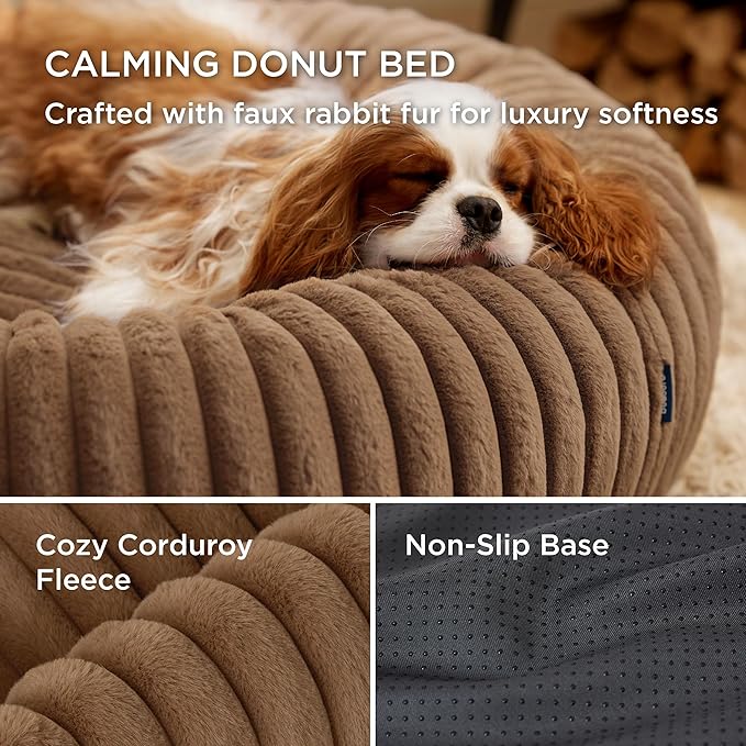 Bedsure ComfyFleece™ Donut Large Dog Bed - Washable Faux Fur with Corduroy Fleece & Anti Slip Bottom, Round Pet Bed with Removable Cover, Camel Brown, 36x36x8 inches
