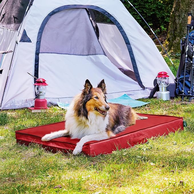 FurHaven Cooling Dog Bed – XL Foam Mattress for Joint Pain Relief, Waterproof Liner, Removable Washable Cover, Durable for Outdoor Use, Deluxe Grid Indoor/Outdoor Bed – Red, Jumbo