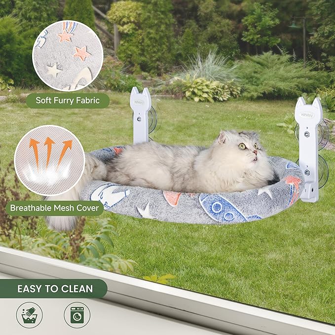 Cat Window Perch, Glow in The Dark Foldable Cat Hammock with Cozy Pad Bed, Breathable Cordless Window Seat with Stud Metal Frame for Large Cats and Kitten (Cushion Bed, 1 Pack - M)
