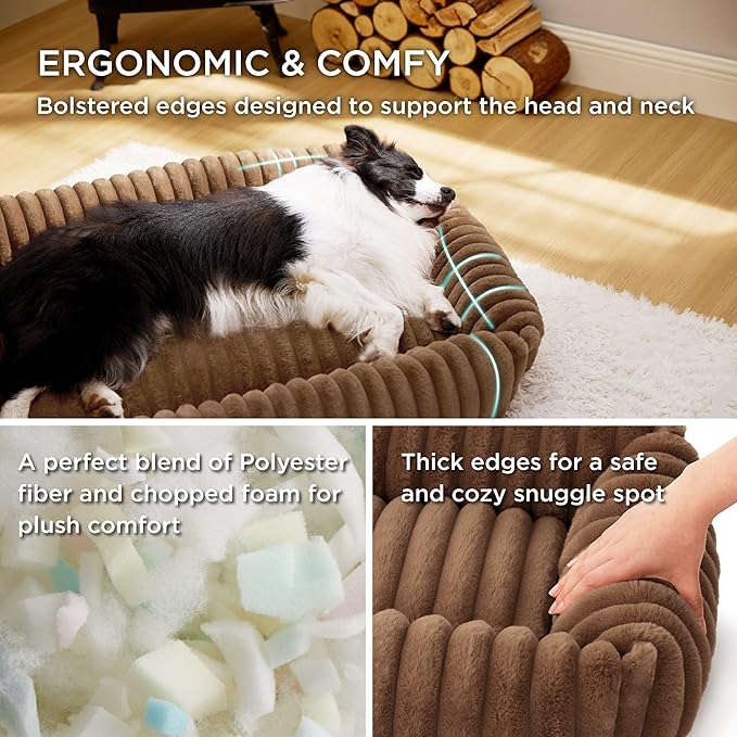 Bedsure ComfyFleece™ Cute Dog Bed for Large Dogs - Washable Furry Puppy Beds, Rectangle Orthopedic Corduroy Fleece Pet Beds with Removable Zipper Cover, 36x27x8inches, Camel Brown