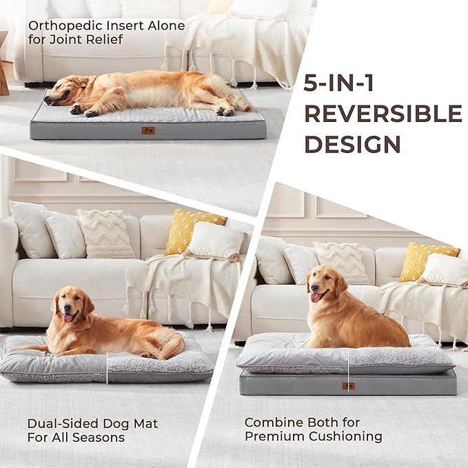 2-Pack Waterproof Dog Bed Large Size Dogs, Plush Cushion & Orthopedic Egg-Crate Foam Mattress for Senior Dogs, Washable Dog Crate Bed with Removable Cover, Light Grey