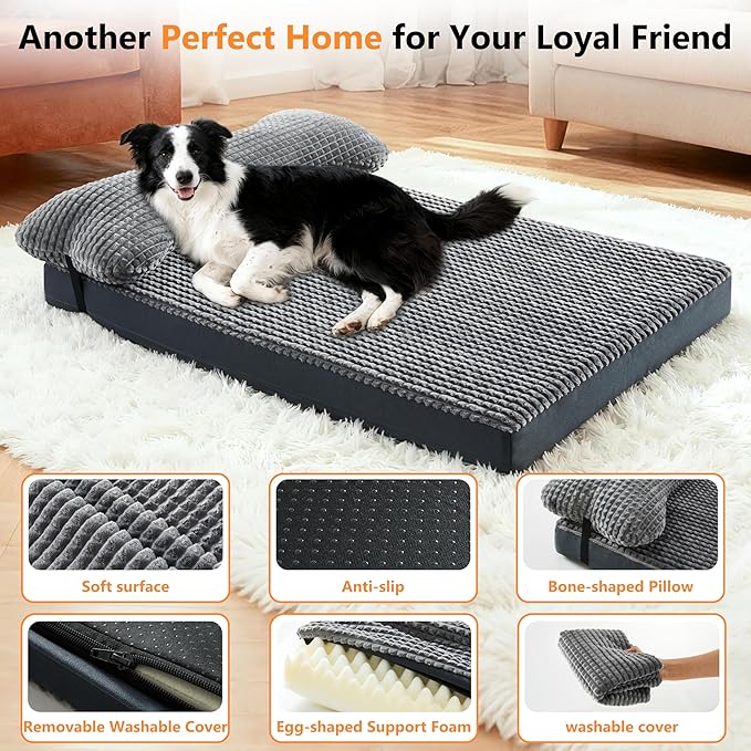 KISYYO Orthopedic XXL Dog Beds for Extra Large Dogs with Removable Washable Cover and Removable Pillow for Crate, Waterproof Extra Large Dogs Mat, Grey, 47x29