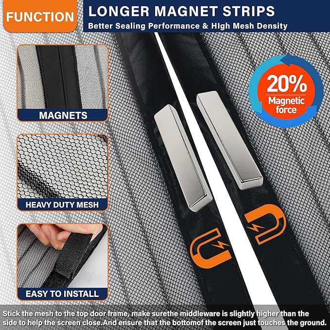 Magnetic Screen Door，Screen Door Mesh，Keep Bugs Out, Heavy-Duty Mesh Curtain,Pet and Kid Friendly, Works with Front Doors, Sliding Doors（32x80 Inch ‎Black