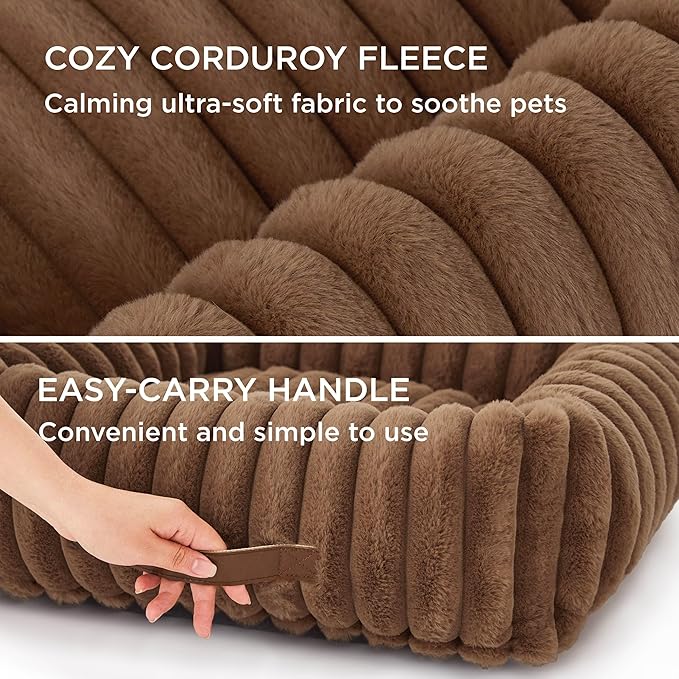 Bedsure ComfyFleece™ Cute Dog Bed for Small Dogs & Cats - Washable Furry Puppy Beds, Rectangle Orthopedic Corduroy Fleece Pet Beds with Removable Zipper Cover, 20x19x6inches, Camel Brown