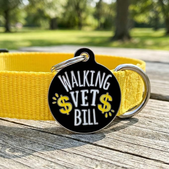 Bad Tags Personalized Dog and Cat ID Tags in 25+ Designs and 2 Sizes - 5 Lines of Custom Engraved Text - Funny Cute Personalized Pet Tags (Walking Vet Bill - Black, Large (1.25 inch))