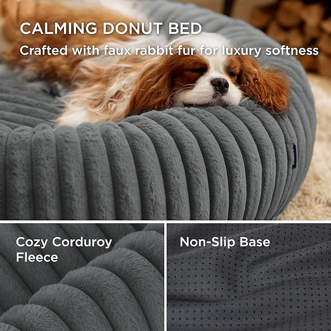 Bedsure ComfyFleece™ Cat beds for Indoor Cats - Donut Dog Beds for Small Dogs with Corduroy Fleece & Anti Slip Bottom, Faux Fur Pet Beds with Washable Removable Cover, Warm Grey, 20x20x6 inches