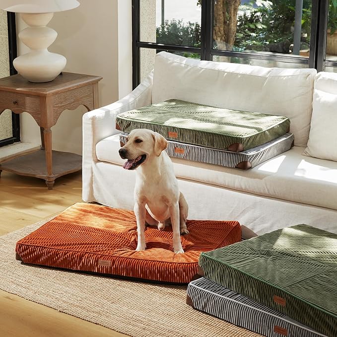 FFUKUMARU Dog Bed, Thickened Corduroy Orthopedic Dog Beds with Washable Cover, XL Waterproof Dogs Bed for Crate, 28D Egg Crate Foam Support Pet Mat, Cozy Pet Bed Pad with Anti-Slip Bottom, Orange