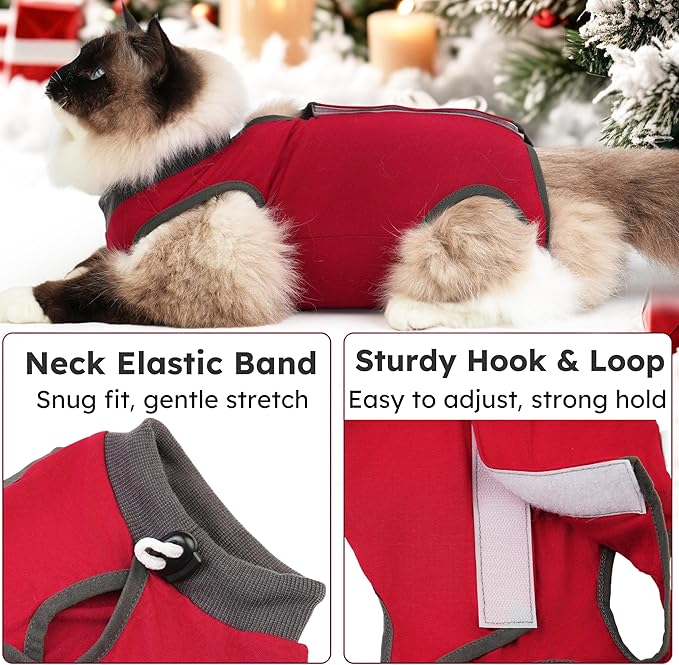 Cat Recovery Suit, Breathable Cat Surgery Recovery Suit Female, Kitten Onesie for After Surgery Spay Surgical Abdominal Wound Skin Diseases Cone of Shame Alternative (Red,S)
