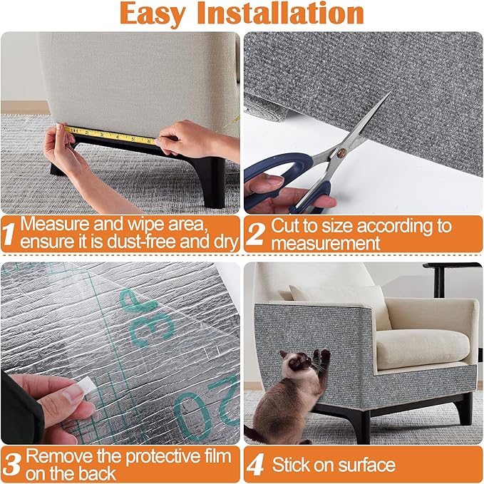 Cat Scratch Furniture Protector - 138" x 15.8" Trimmable Self-Adhesive Cats Claws Scratch Pads, DIY Cat Climbing Couch Protector for Scratch Post Cat Tree Replacement Indoor (Light Gray)