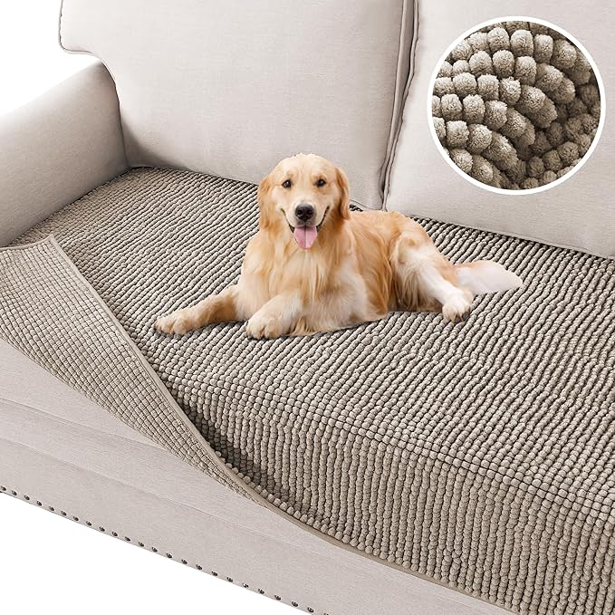 H.VERSAILTEX Plush Chenille Dog Bed Cover Thick Soft Sofa Cover for 3 Cushion Couch Anti Slip Couch Cover Furniture Protector for Dog, Pet, Cat (35" x 82", Taupe)