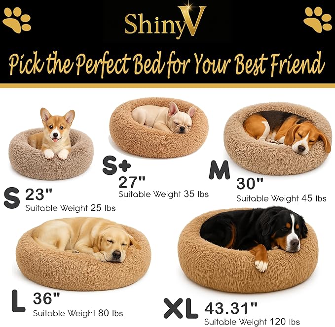 Calming Dog Bed - Fluffy Donut Cuddler for Anxiety Relief, Orthopedic Pet Bed with Non-Slip Bottom, Cozy Round Faux Fur Nest for Dogs and Cats, Plush Crate Mat for Comfort (Camel, Small +)
