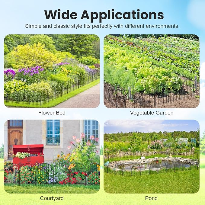 10Pcs Decorative Garden Fence, 20in(H)/10.8ft(L) Rustproof Metal Fences Animal Barrier Outdoor for Yard, Flower Bed Edging Ornamental Border Panel for Dogs, Rabbits, Dig Defence, Garden Decor, Patio