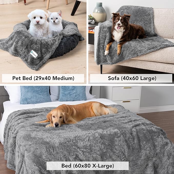 PetAmi Dog Blanket for Large Dogs Grey, Fluffy Soft Sherpa Fleece for Puppy, Kitten, Cat, Calming Pet Throw for Bed, Washable Sofa Couch Cover, X-Large 60x80