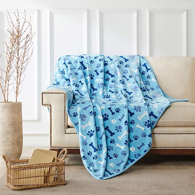 Allisandro Luxurious Dog Blanket, 350 GSM Super Fuzzy Microplush Fleece Pet Blankets for Small Medium Large Dogs and Cats, Blue Paw and Bone, 64" x 40"