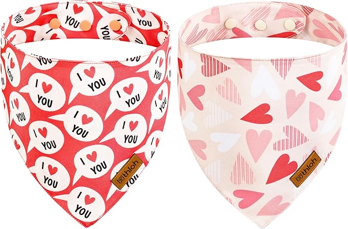 Valentines Dog Bandanas with Snap Button - 2 Pack Reversible Heart Dog Scarf for Boy & Girl, Premium Durable Fabric, Pet Bandana for Small Dogs (Small)