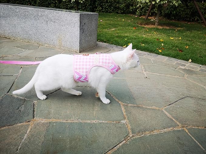 Cat Harness and Leash for Walking Escape Proof, Adjustable Cat Vest Harness, Padded Stylish Cat Walking Jackets, Pink Plaid, XX-Large