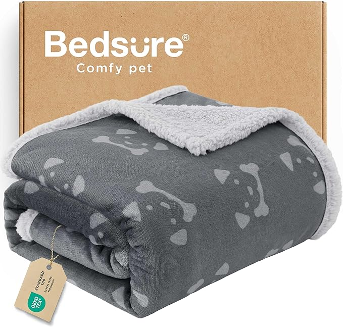 Bedsure Waterproof Dog Blankets for Small Dogs - Soft Print Sherpa Fleece Puppy Cat Blanket Washable, Cozy Plush Reversible Throw Furniture Protector for Pet Kitten Doggy, 25"X35", Smokey Grey