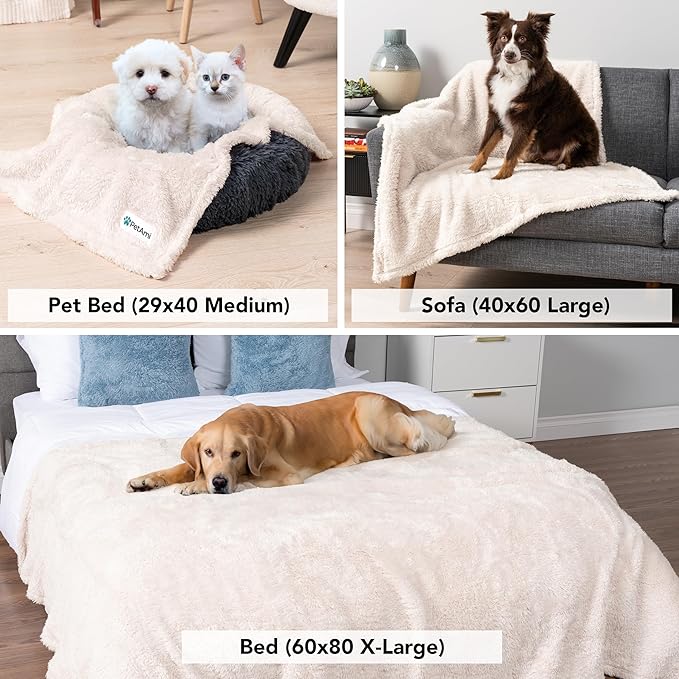 PetAmi Dog Blanket for Large Medium Dogs, Beige Fluffy Soft Sherpa Fleece for Puppy, Kitten, Doggie - Calming Pet Throw for Bed, Washable Sofa Couch Cover, Large 40x60