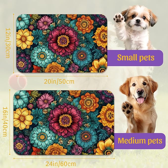 Vintage Floral Pet Feeding Mat, Fast-Dry Absorbent Dog and Cat Bowl Mat, Waterproof Rubber Base – 16x24 Inch