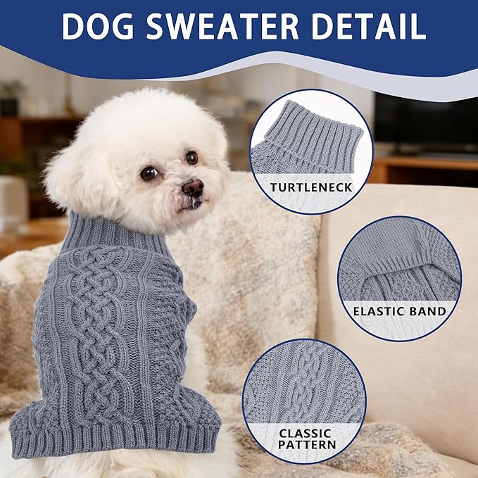 Dog Sweaters for Small Dogs Winter Dog Clothes Turtleneck Knit Puppy Sweater Warm Chihuahua Clothes Cat Sweater Frenchie Doggy Pullover Outfit with Twisted Design(Grey, Small)