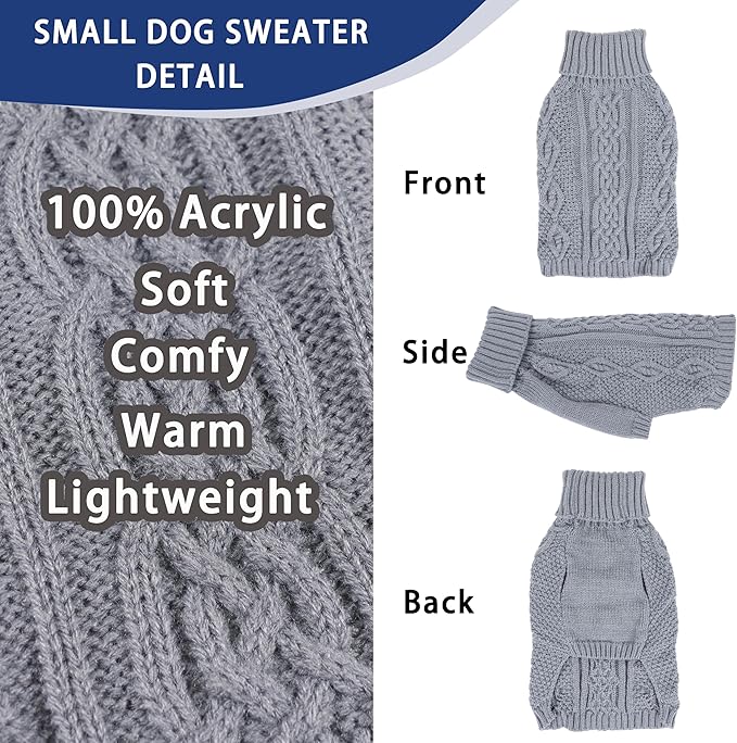 Dog Sweaters Small Dog Clothes Winter Turtleneck Puppy Sweater Warm Pet Cat Sweater Doggy Pullover Outfit with Twisted Design XS~XL(Grey, Medium)