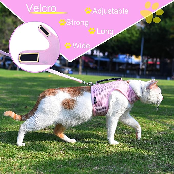 Kitty Harness and Leash for Walking Escape Proof Breathable Mesh Fabric, Solid Pink, Small, Adjustable Cat Walking Jackets with Handle, Padded Stylish Cat Vest