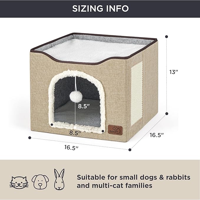 Bedsure Cat Beds for Indoor Cats - Large Cat Cave for Pet Cat House with Fluffy Ball Hanging and Scratch Pad, Foldable Cat Hideaway, 16.5x16.5x13 inches, Brown