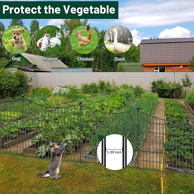 4 Panels Decorative Garden Fence with Gate, 48 in(H) X 10.5 ft(L) No Dig Dog Fence Animal Barrier Outdoor for Yard, Rustproof Metal Garden Edging and Borders, Temporary Fencing Stakes