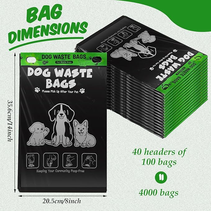 Ireer 40 Count 4000 Pcs Header Bag Bulk Cute Dog Pet Waste Bags Bulk Poop Leakproof Easy Single Pull for Poop Dog Waste Station Fit Hang Hole Dispenser Pet Home Outdoor